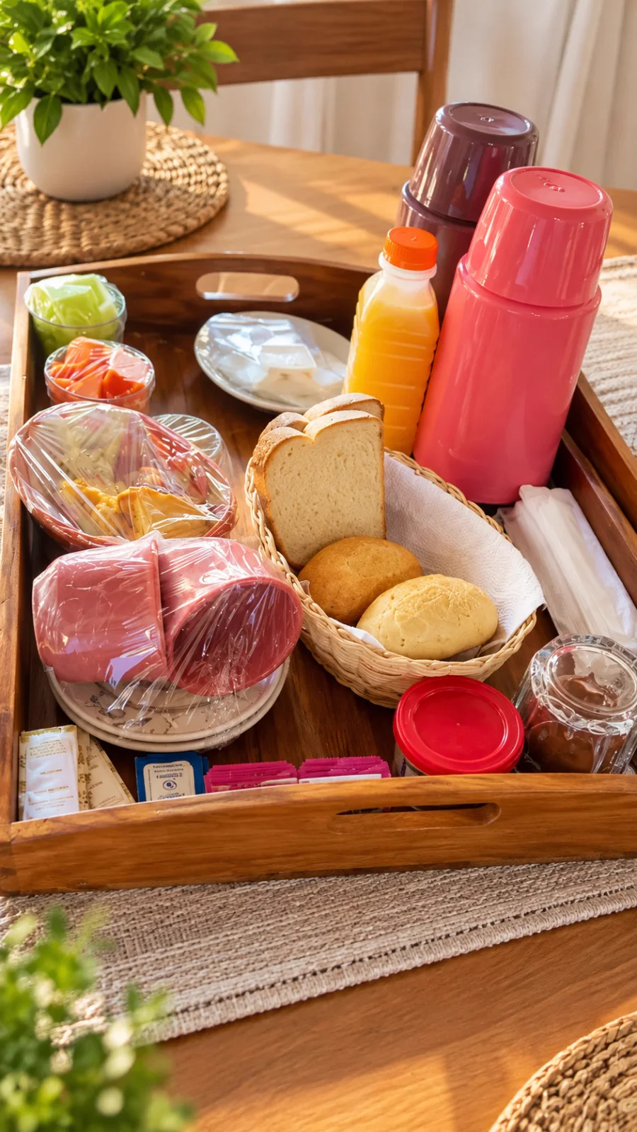 Bandeja de madeira com pães, frutas, frios, suco, garrafas térmicas e geleia, servida sobre a mesa do chalé