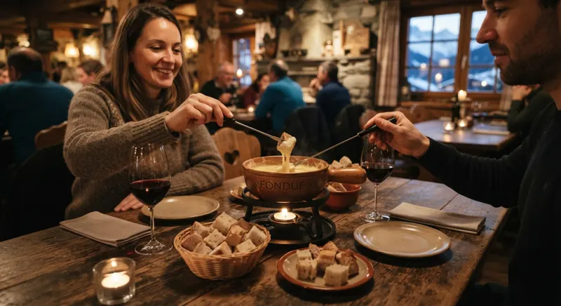 Fondue de queijo servido em restaurante aconchegante